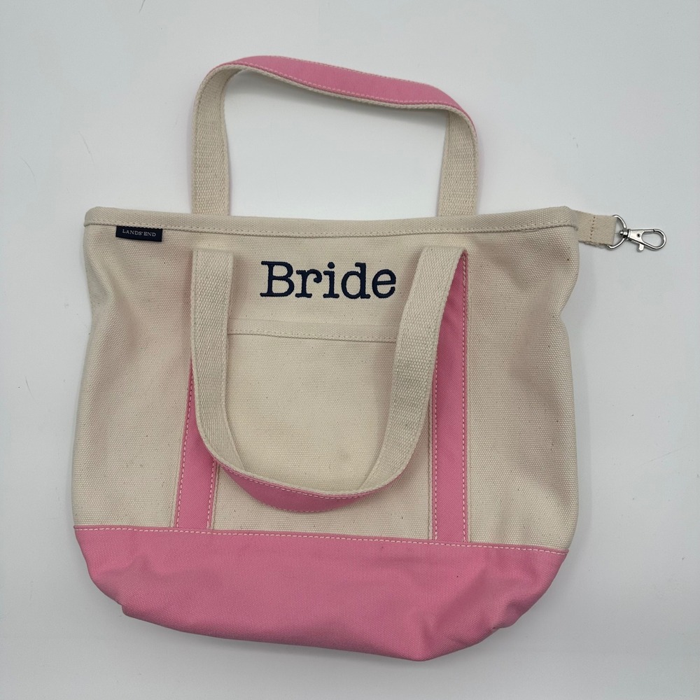 Lands End Bride Canvas Tote Bag Pink Cream Embroidered Wedding‎ Shower 646752